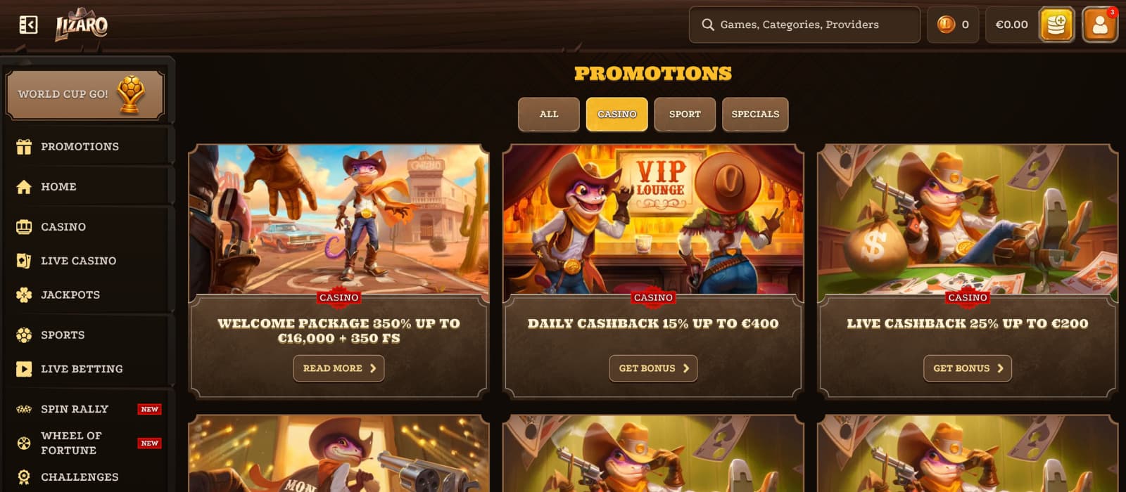 Lizaro Casino promotions page displaying welcome bonus offers, cashback promotions, VIP rewards, and categorized bonus campaigns.