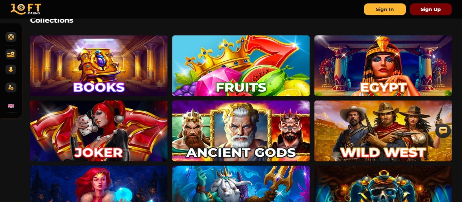 Loft Casino games page with the slot game icons and side navigational menus