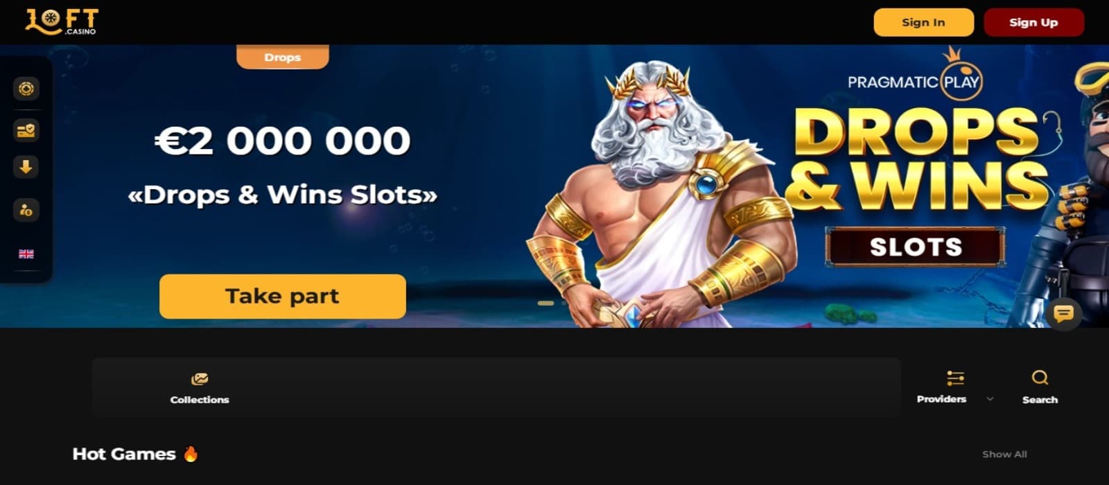 Loft Casino landing page with the Drops & Wins promotion banner and side navigational panel