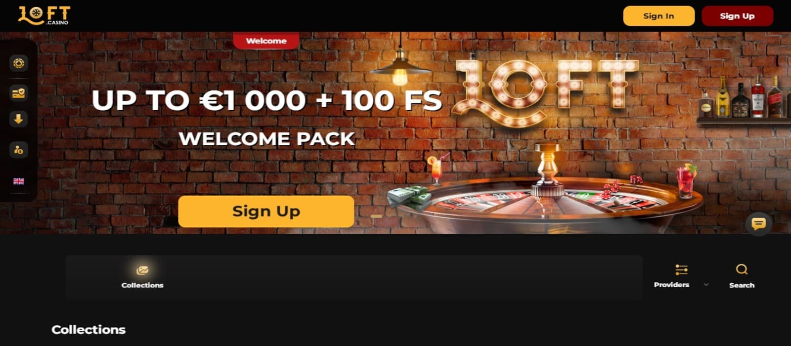 Loft Casino promotions page with the welcome bonus offer banner and side navigational menus