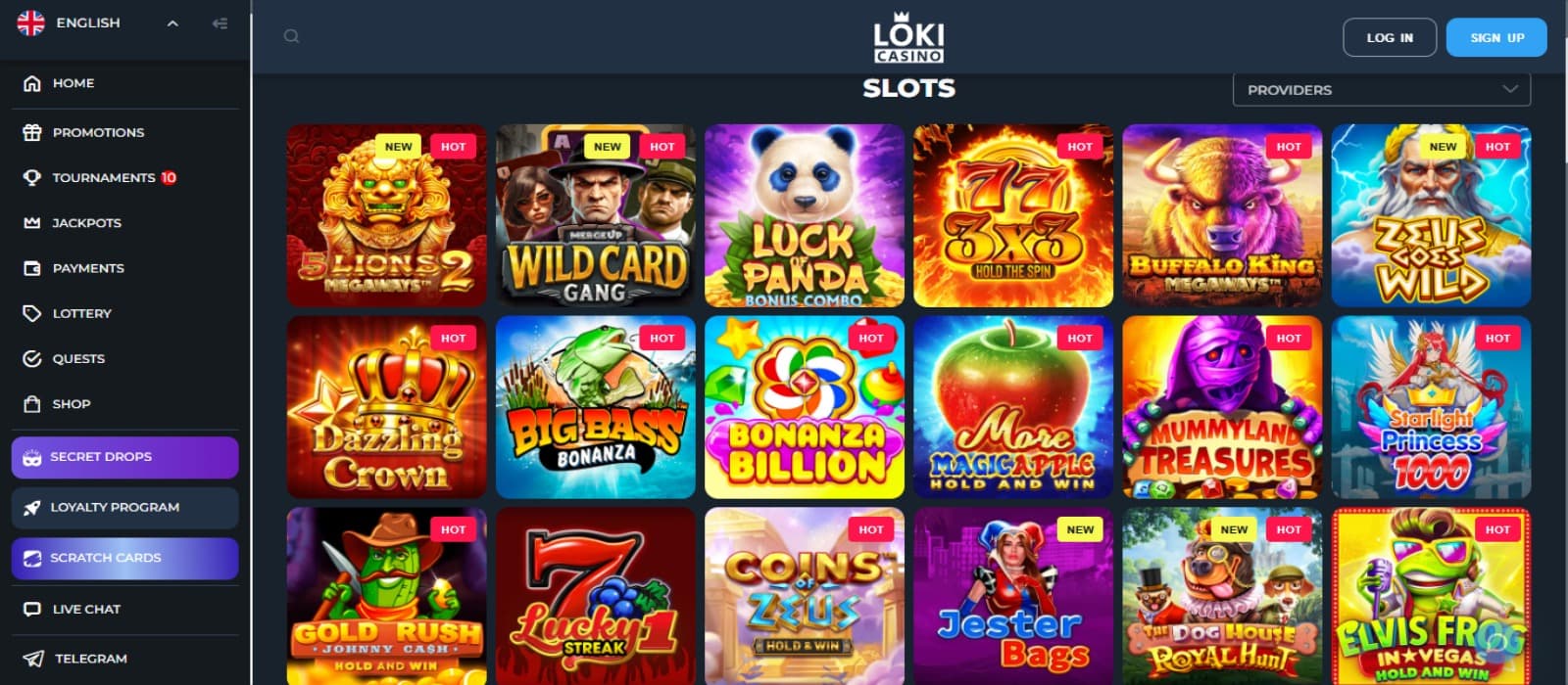 Loki Casino games page with the colorful slot game icons and side navigational menus
