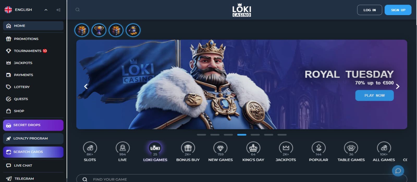 Loki Casino landing page with the Royal Tuesday offer banner illustrating animated king, side navigational menus and game filtering options below