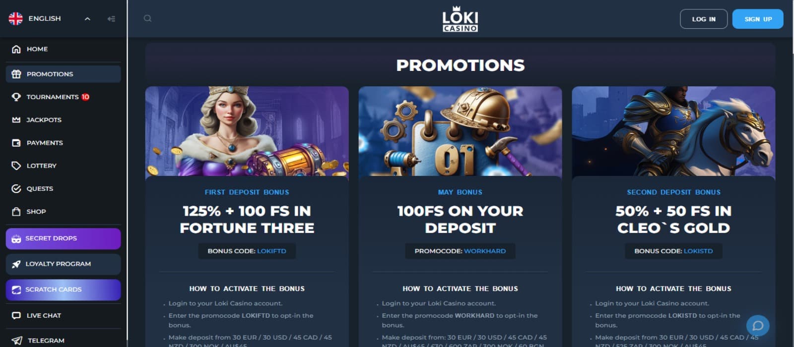 Loki Casino Promotions page with the welcome bonus, Free spins banners and side navigational menus