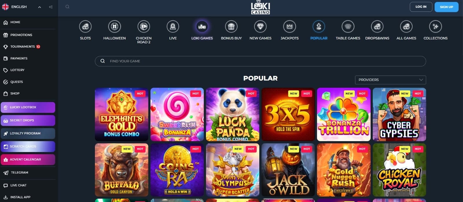 Loki Casino games page featuring the most popular slots, under list of main tab sections and search bar