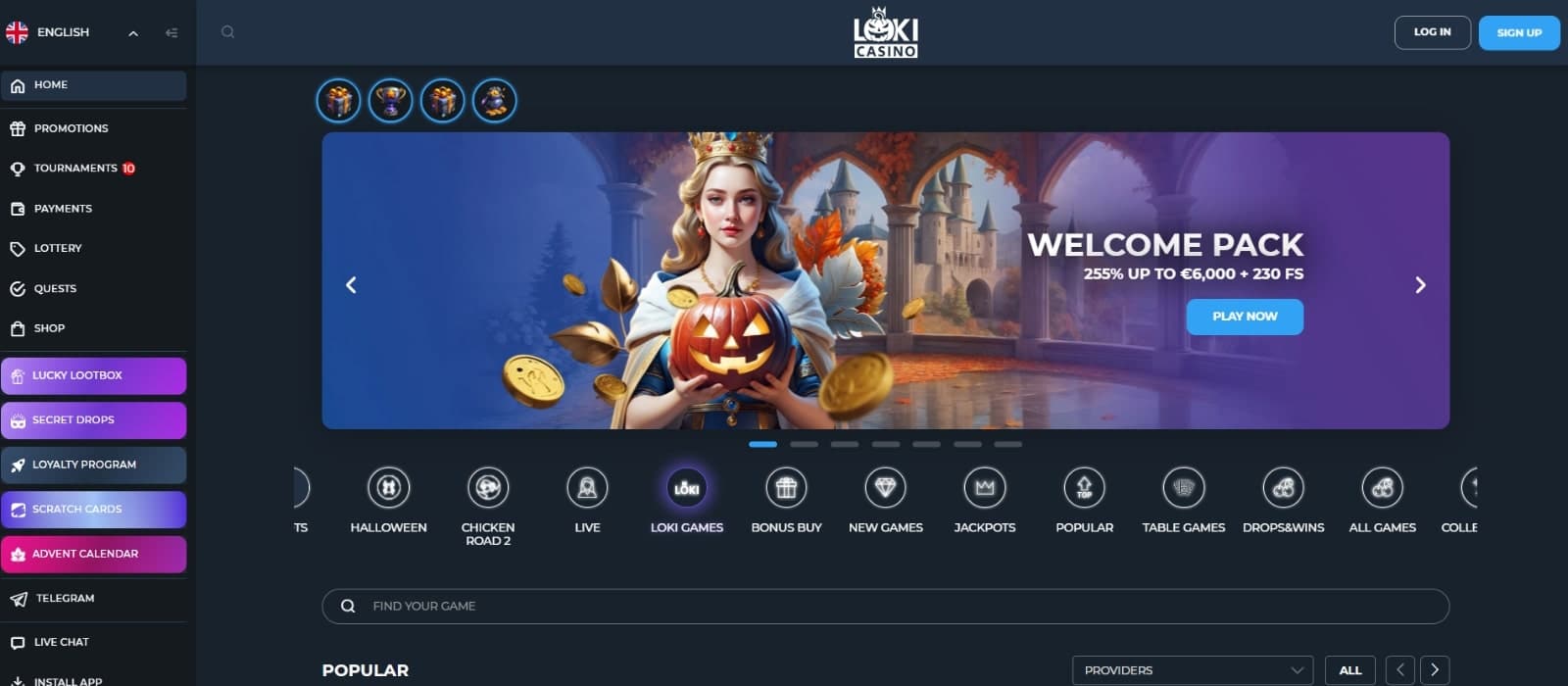 Loki Casino's landing page featuring the welcome pack of 255% up to 6000 euros and 230 fs over banner with Queen character