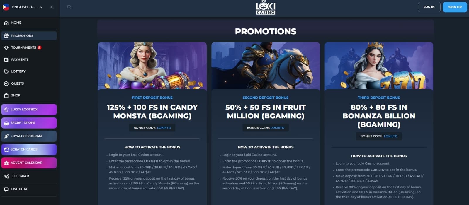 Loki Casino's promotions page featuring the third deposits of the welcome bonus, reload bonuses and other offers