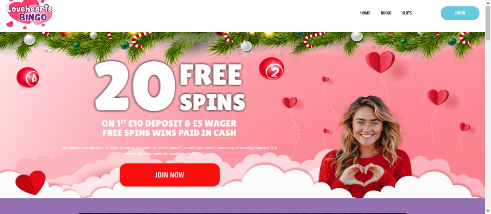 Lovehearts Bingo Casino landing page with the welcome bonus offer banner in pink color and animated red heart symbols with a female