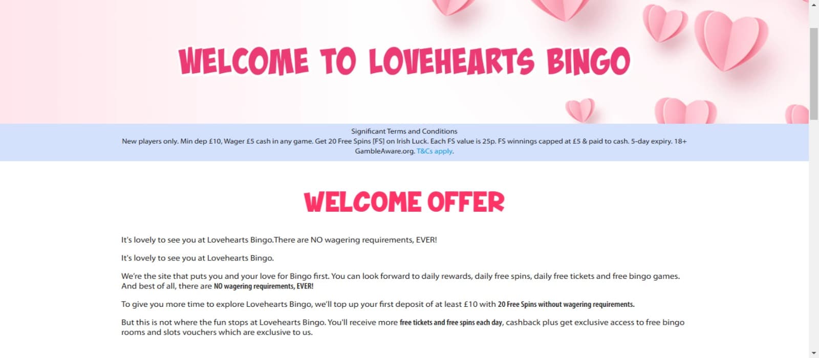 Lovehearts Bingo Casino promotions page showing the welcome bonus details in text