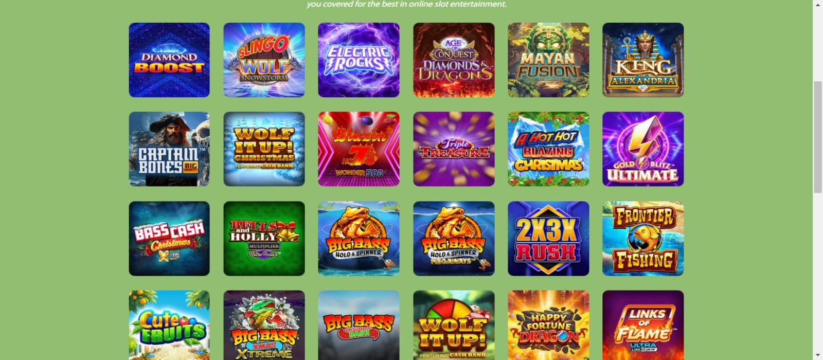 Lovehearts Bingo Casino games page with the colorful slot game icons with a green background