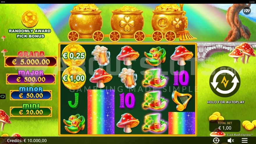 The base game with 3 golden pot of gold trains above the reels