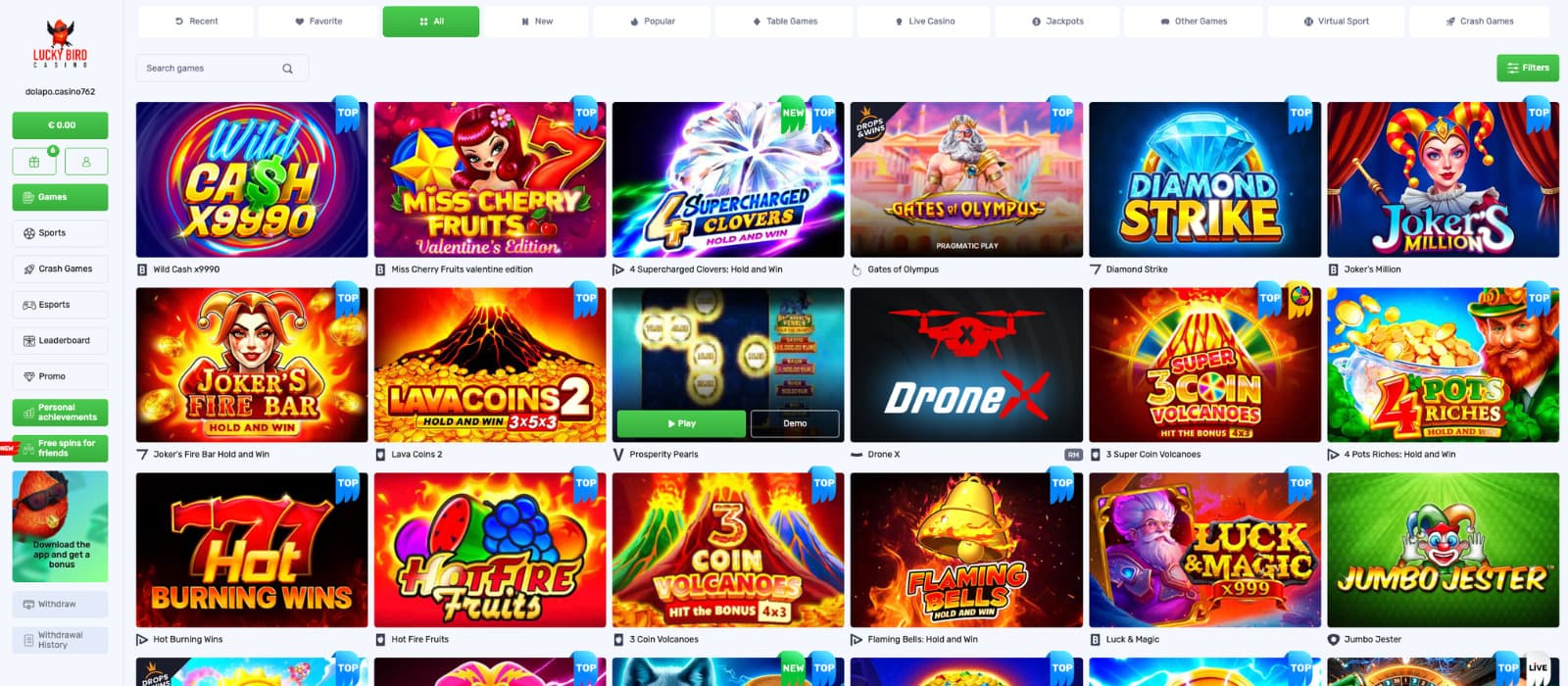 Lucky Bird Casino games page highlighting the full game lobby with category tabs, search and filters, and rows of slot thumbnails marked with “Top” and “New” labels.