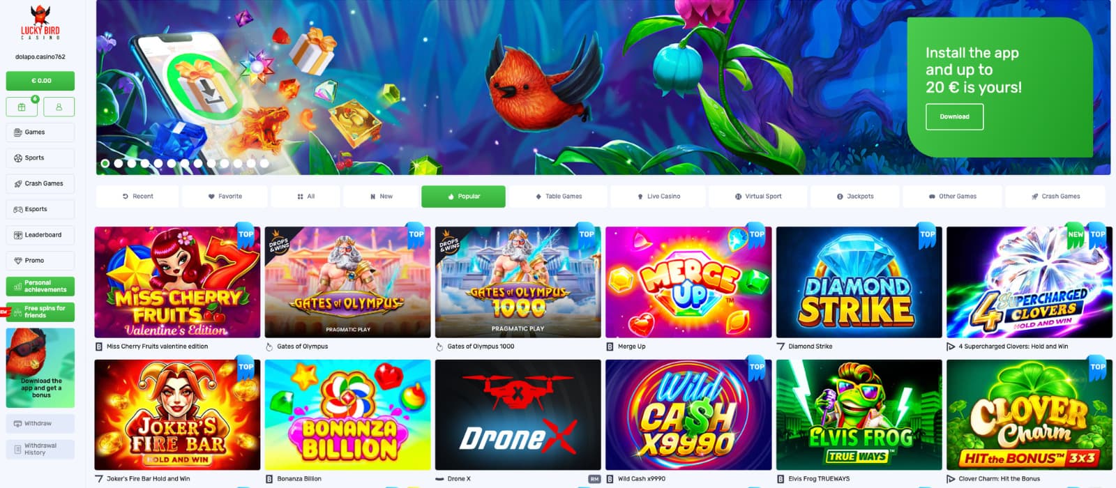 Lucky Bird Casino landing page showing a colourful hero banner with “Install the app” offer, left-side navigation menu, and a grid of popular slot games.
