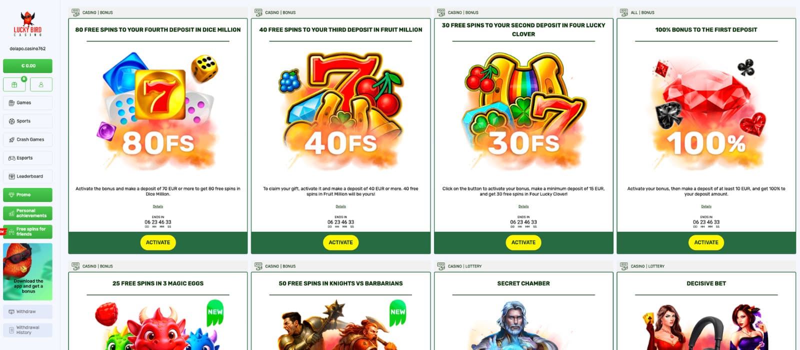 Lucky Bird Casino promotions page displaying the four-part welcome bonus tiles (deposit match and free spins), plus additional bonus and lottery promo cards with “Activate” buttons.