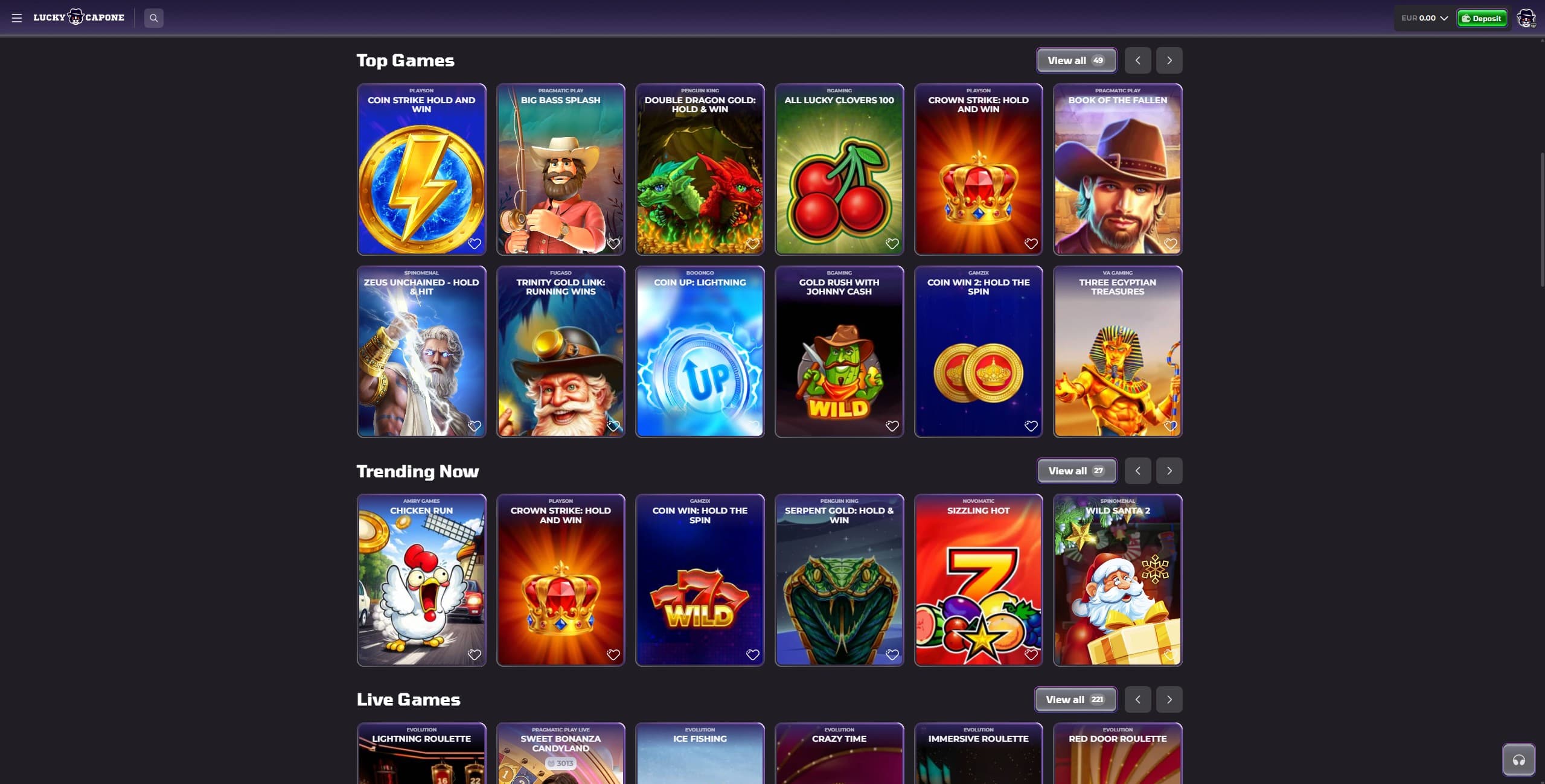 LuckyCapone Games Page showing a selection of slot games