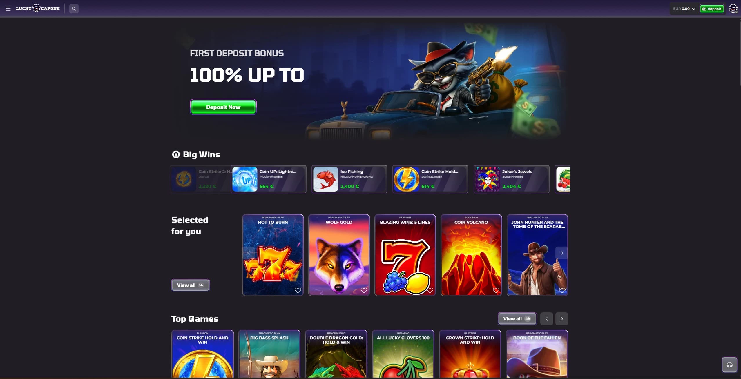 LuckyCapone Landing Page showing the latest big wins and the welcome offer