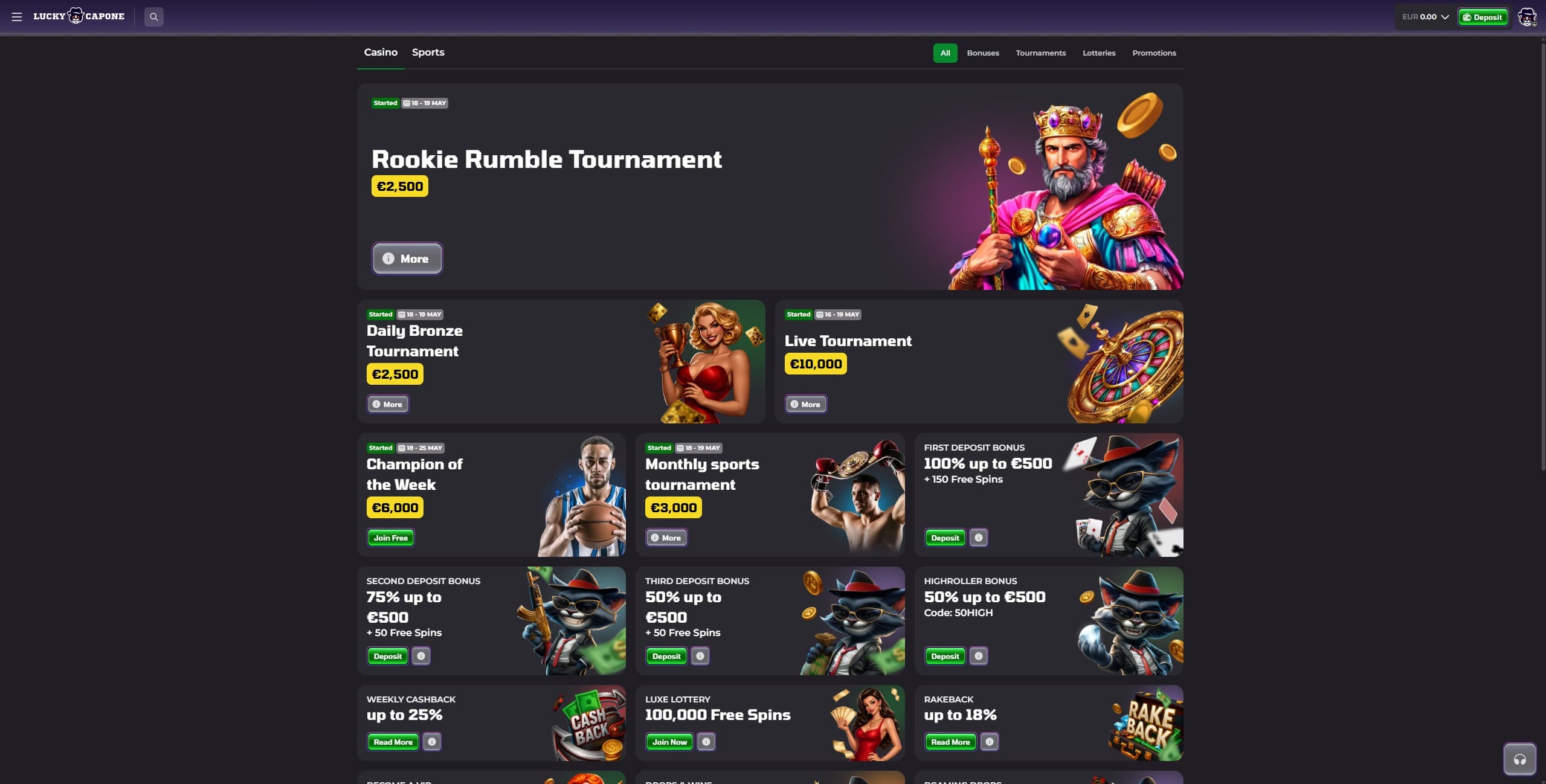 LuckyCapone Promotions Page showing different bonuses and promos
