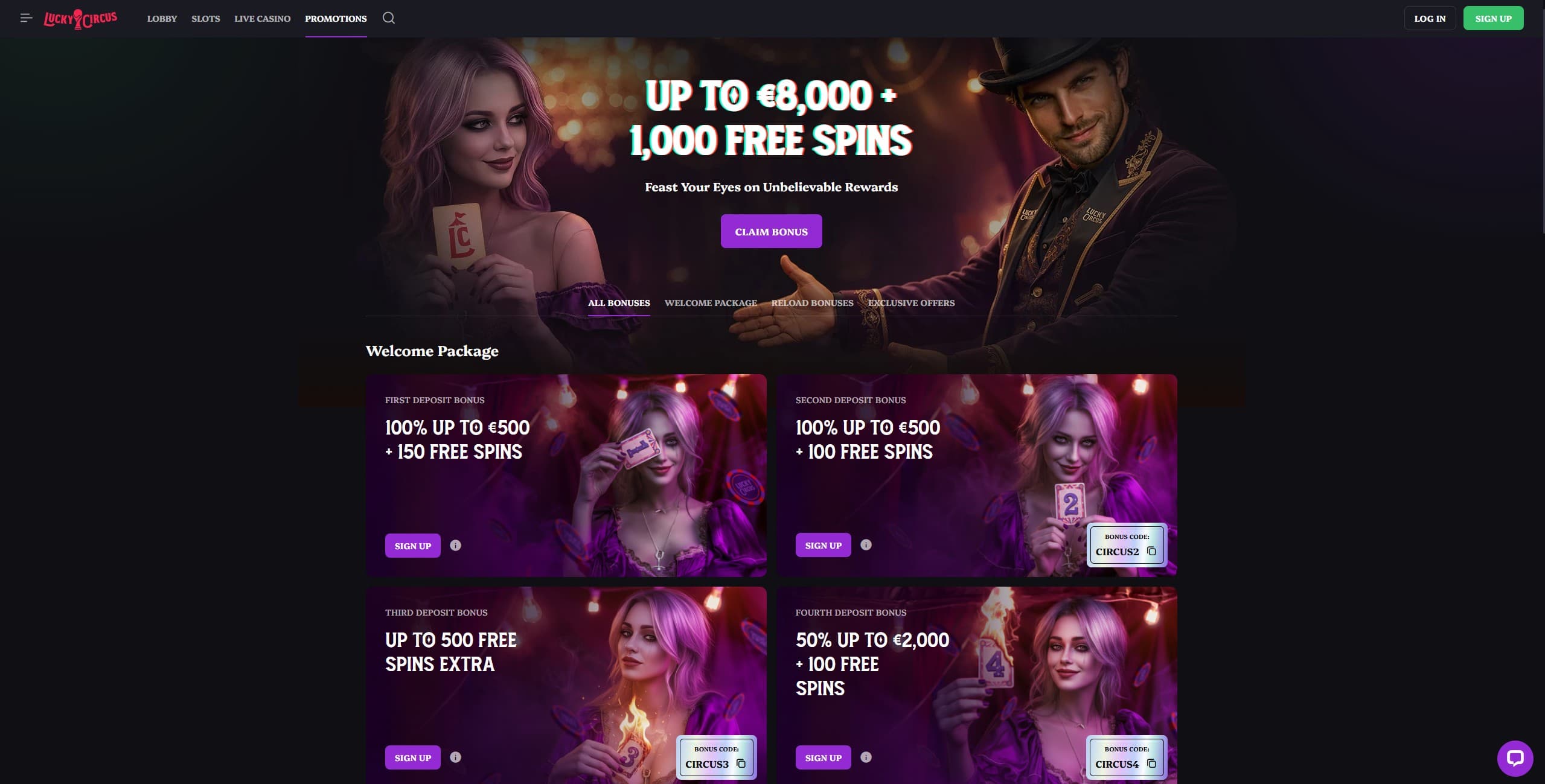 Lucky Circus Promotions Page showing the available bonuses and promotions