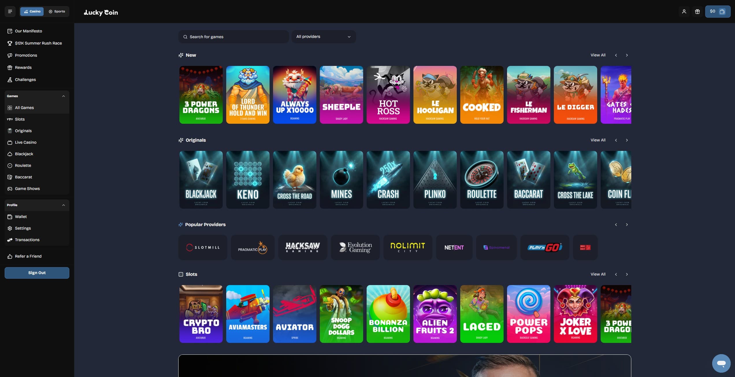 LuckyCoin Casino Games Page showing a selection of slots and casino games