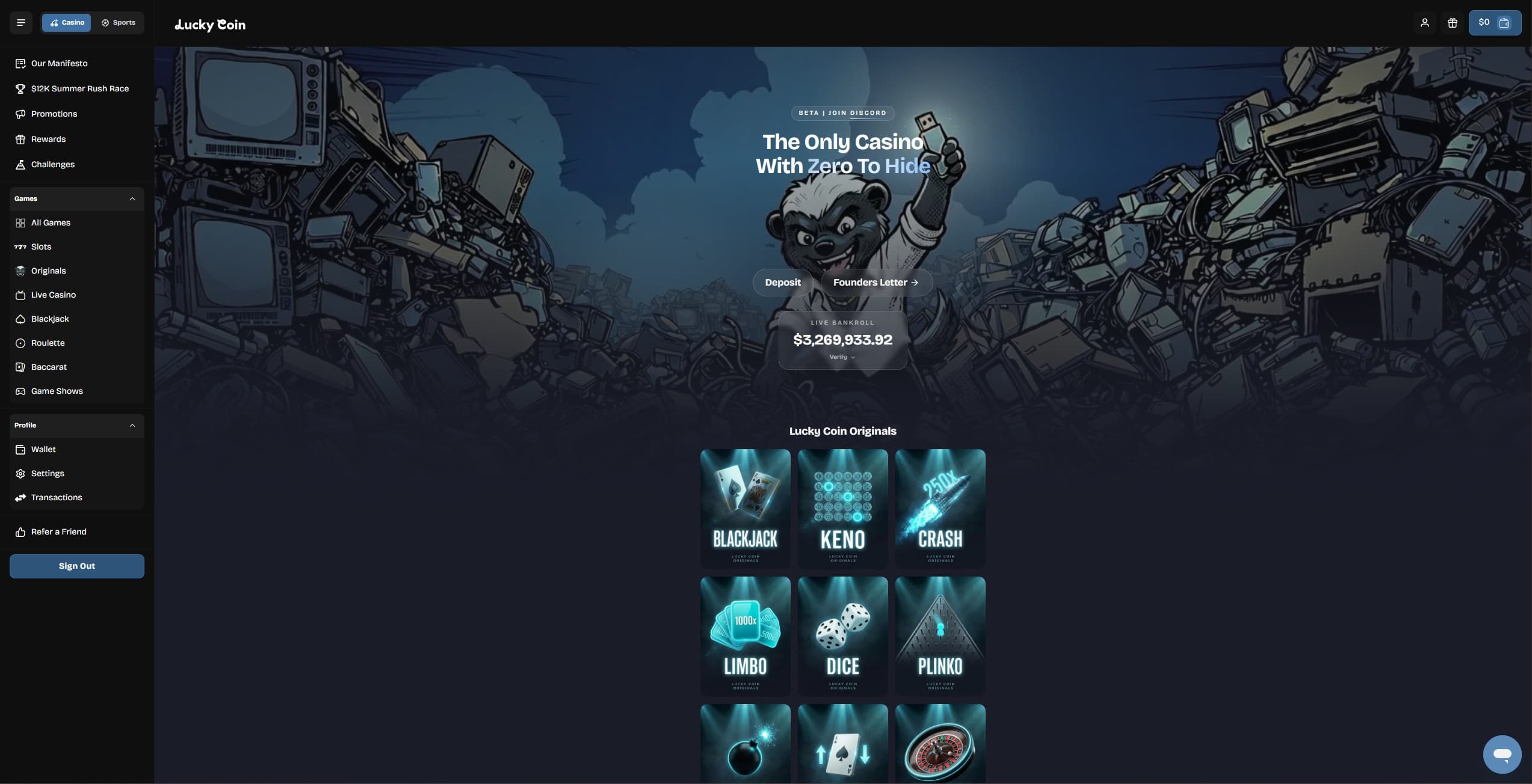 LuckyCoin Casino Landing Page showing the main menu and a selection of games