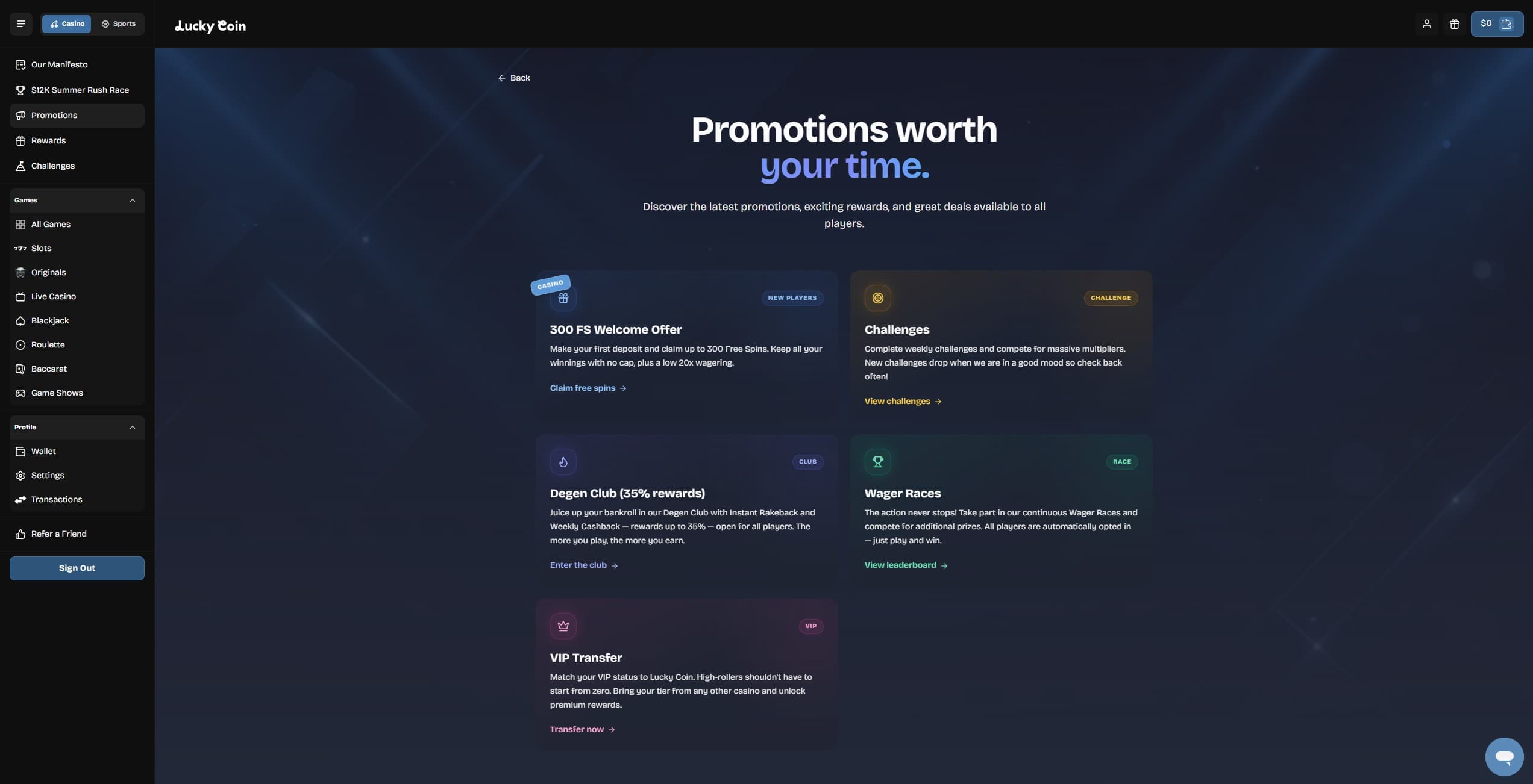LuckyCoin Casino Promotions Page showing the available promotions