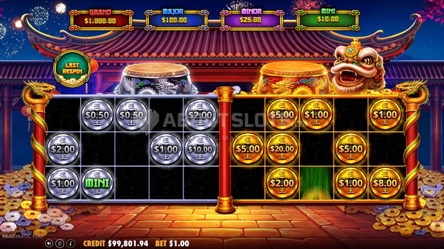 Night falls, and pictured are both the Silver and Gold bonus games triggered at the same time, filled with Cash Values and Jackpots