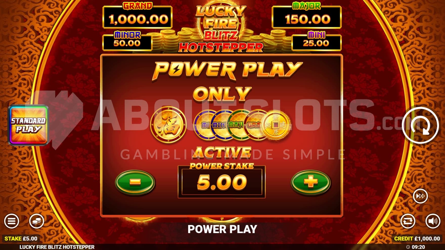 A Power Play sign takes over the reels, acting like a feature buy sign