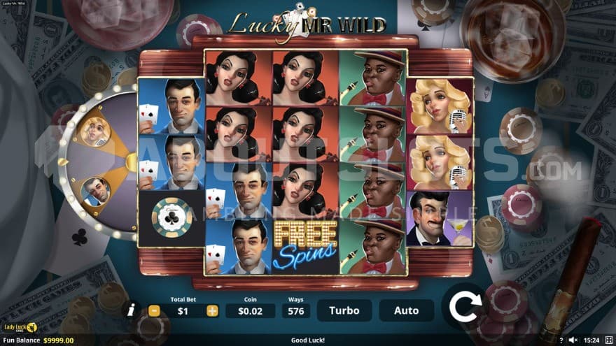 The playing grid is set on top of a poker table with chips, money, and cigars are spread all over