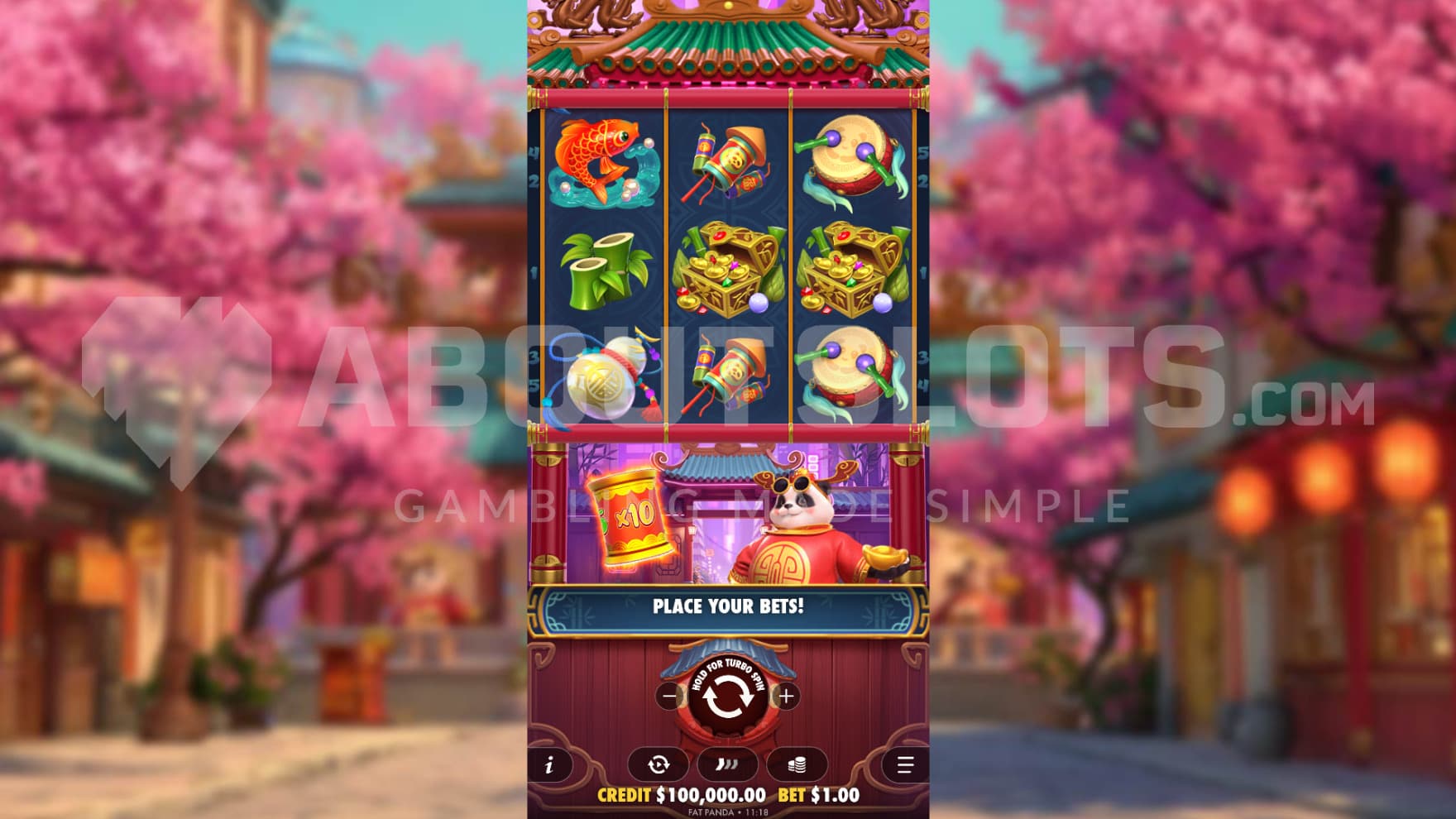 The Lucky Panda sits below the reels, spinning away at the multipliers for you