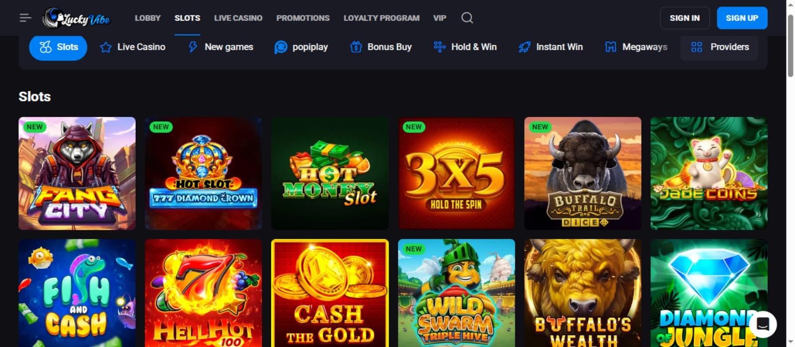Lucky Vibe Casino games page with the various colorful slot game icons and game categories on top with the top casino navigation menus