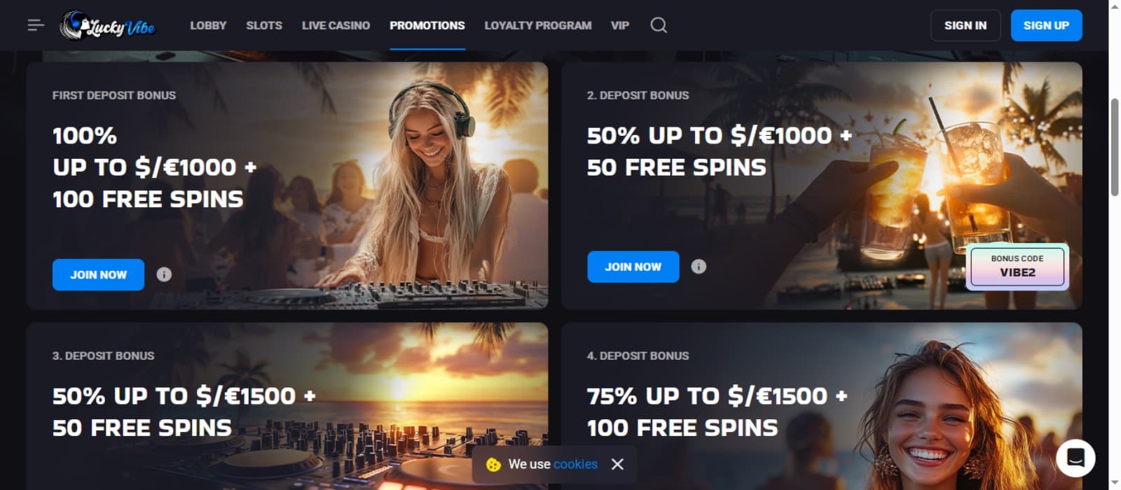 Lucky Vibe Casino promotions page with the welcome deposit offer banners displaying images of women and parties and top navigation menus with the bonus offer descriptions