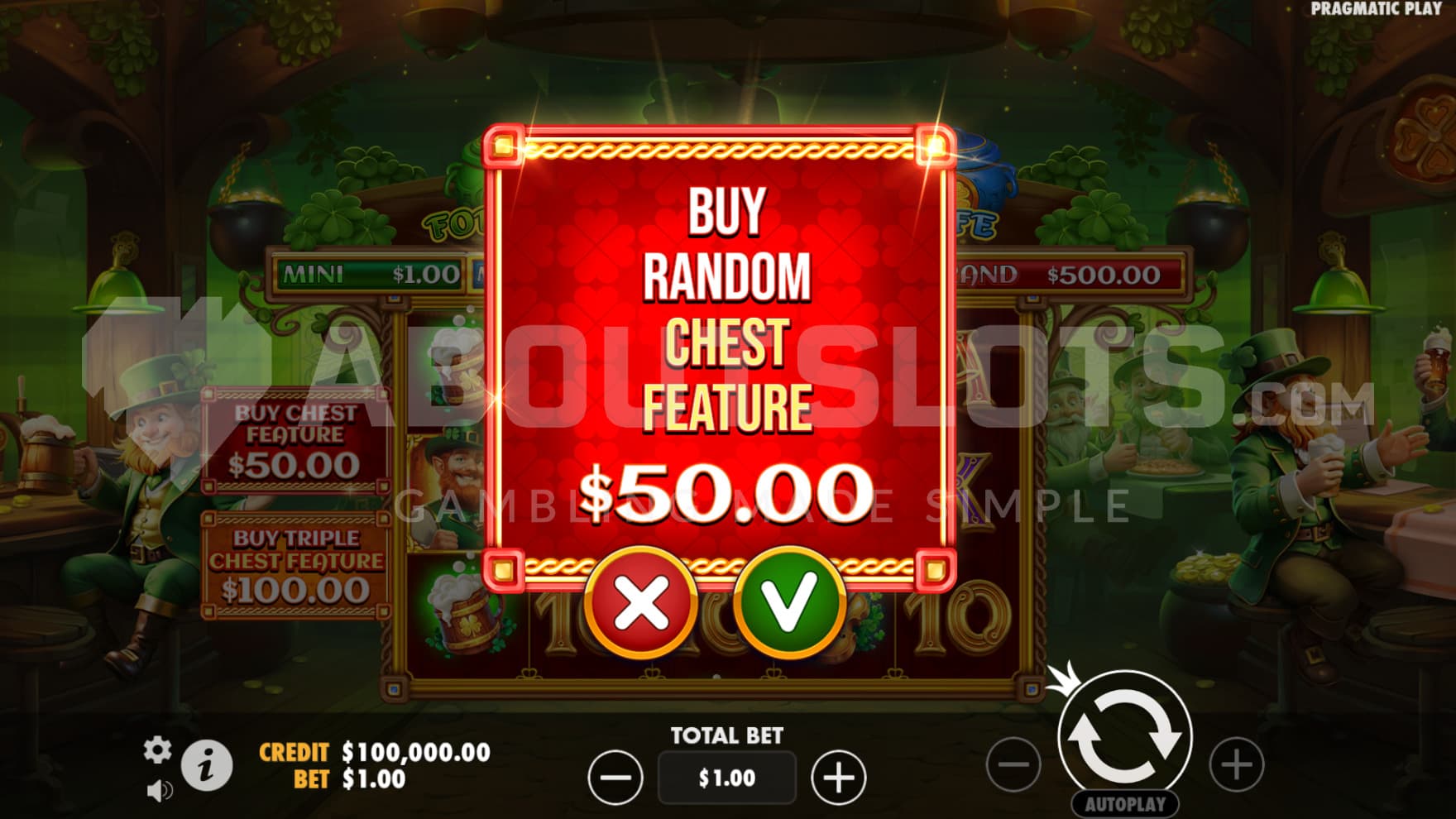 The Feature Buy sign with random amount of bonuses hangs infront of the screen