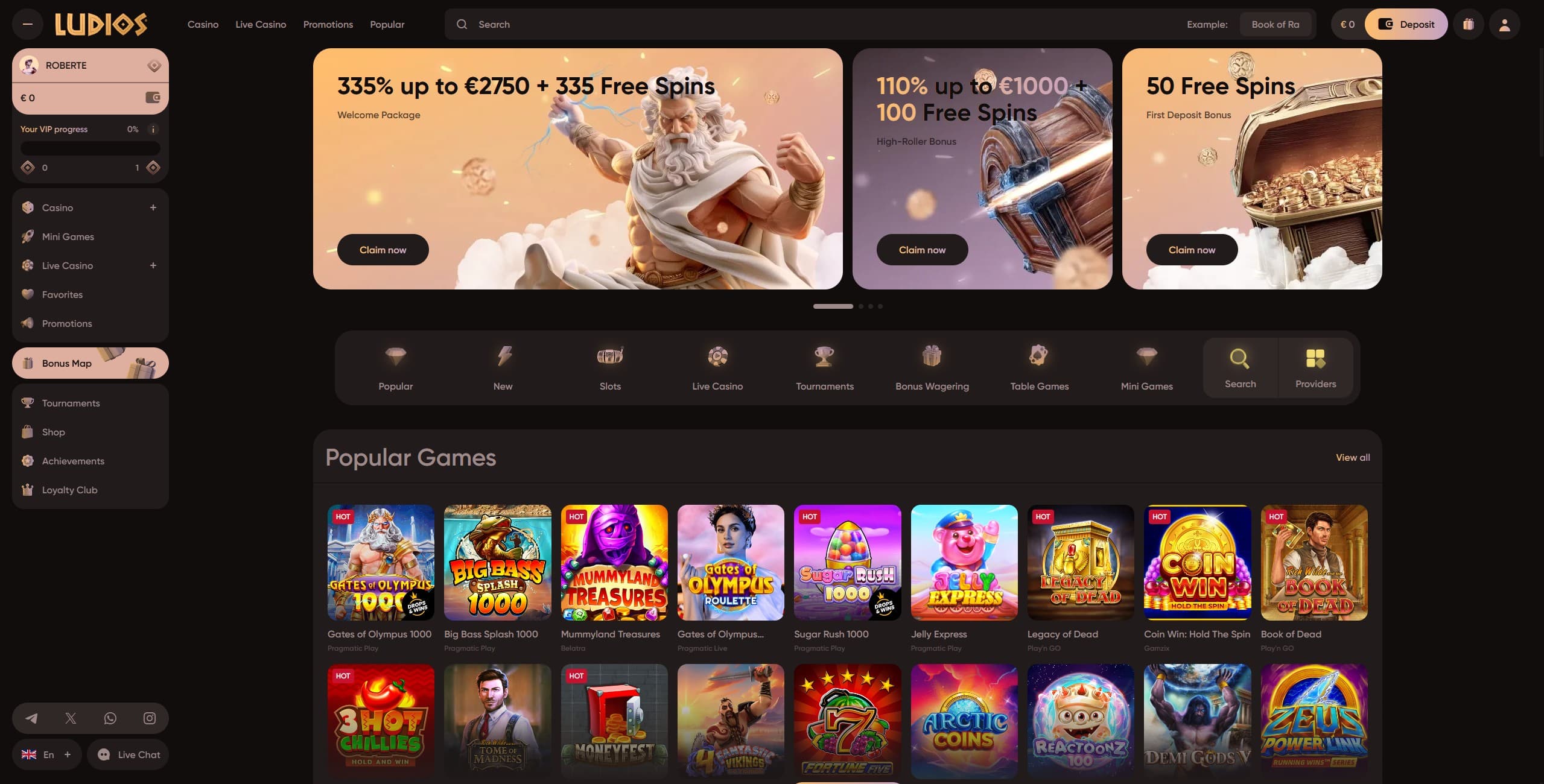 Ludios.io landing page showing a few games and welcome offers