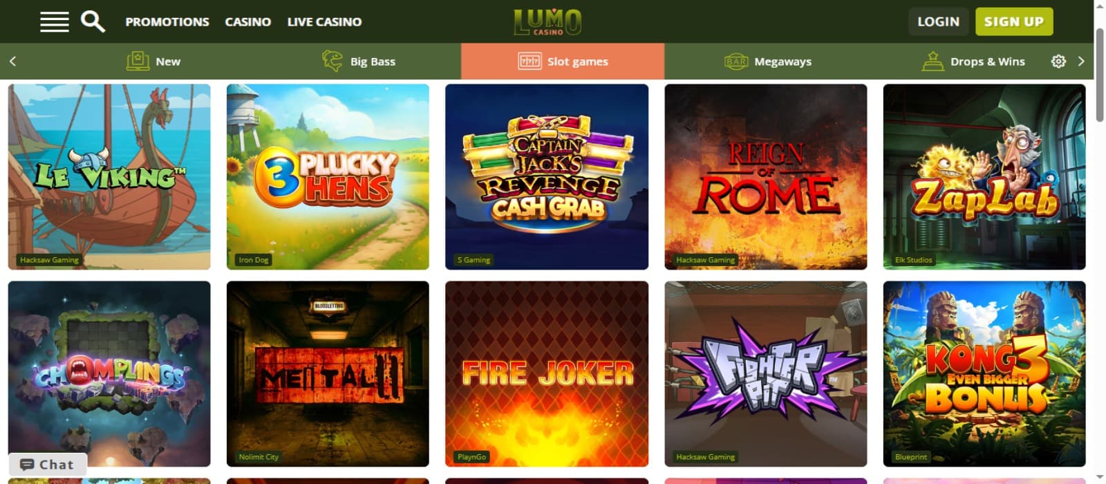 Lumo Casino games page with the colorful slot game icons, game categories and top navigation menus