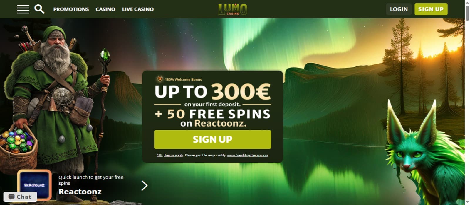 Lumo Casino landing page with the welcome bonus offer banner and a mystical themed background and top navigation menus