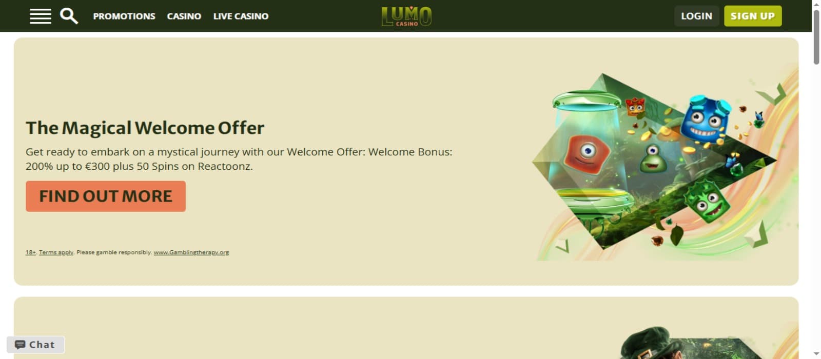 Lumo Casino promotions page with the magica welcome bonus offer banner and top navigation menus