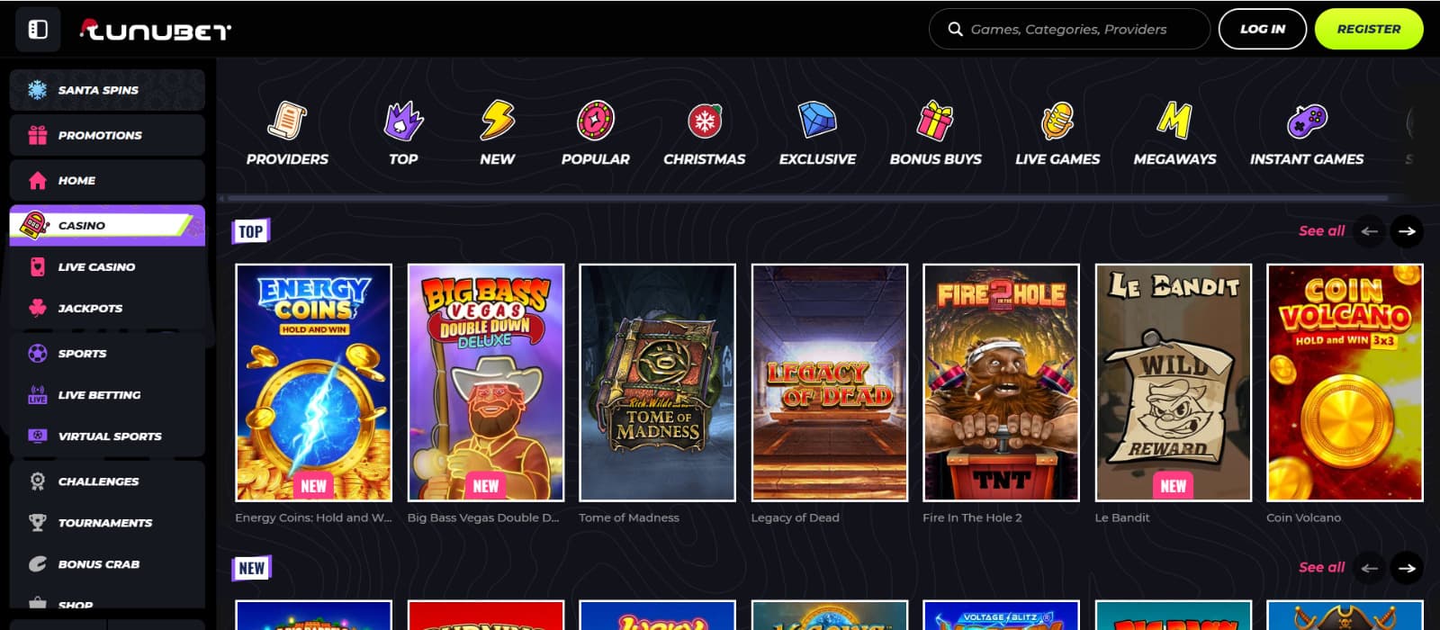 LunuBet Casino landing Page displaying the homepage hero banner with a neon-styled sports astronaut, a 100% up to €200 first-deposit bonus, and quick navigation tabs for casino sections.