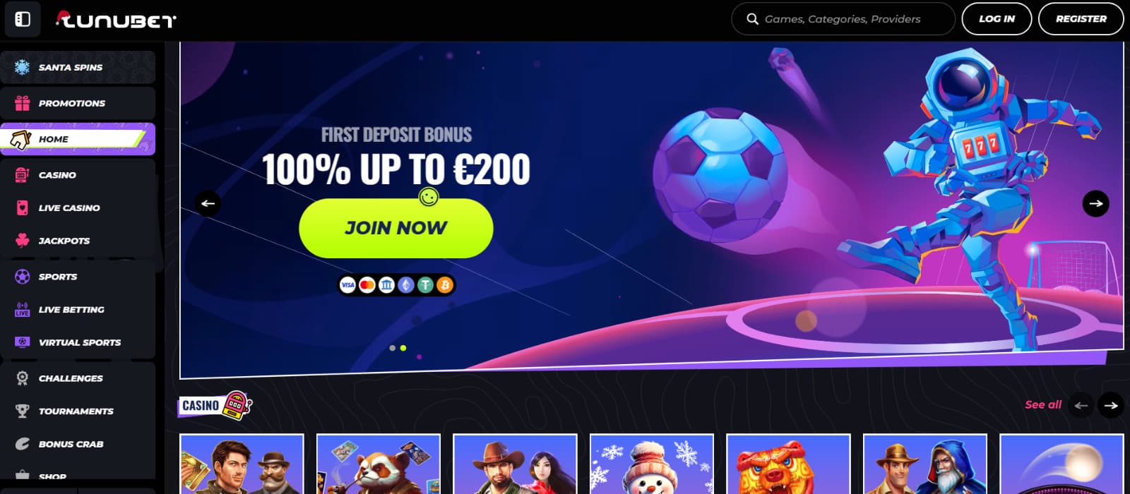 LunuBet Casino landing Page displaying the homepage hero banner with a neon-styled sports astronaut, a 100% up to €200 first-deposit bonus, and quick navigation tabs for casino sections.