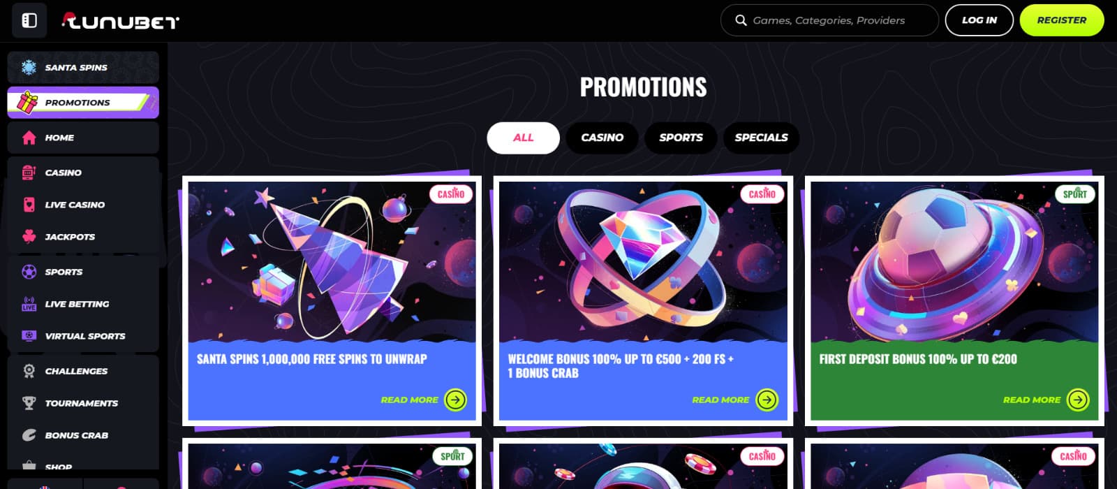 LunuBet Casino landing Page displaying the homepage hero banner with a neon-styled sports astronaut, a 100% up to €200 first-deposit bonus, and quick navigation tabs for casino sections.