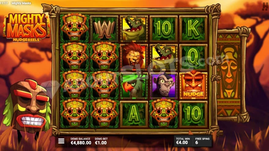 Serengeti Sunset Bonus Game with mystery masks on the reels.