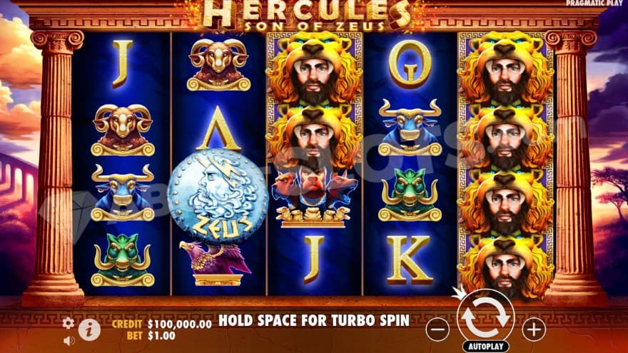 Base game with Hercules symbols on the reels.
