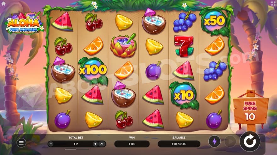 An image of the Free Spins feature, with a 100x, 50x, and 10x multiplier on board