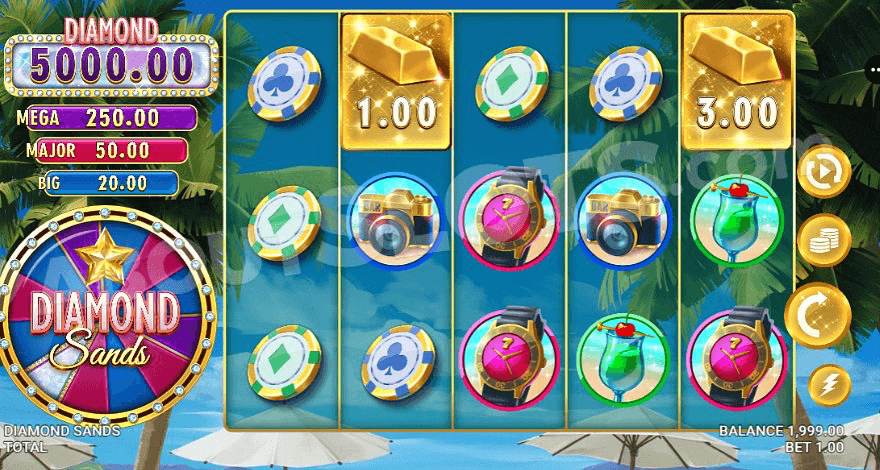 Grid of Diamond Sands slot with spinning reels and a beach in the background