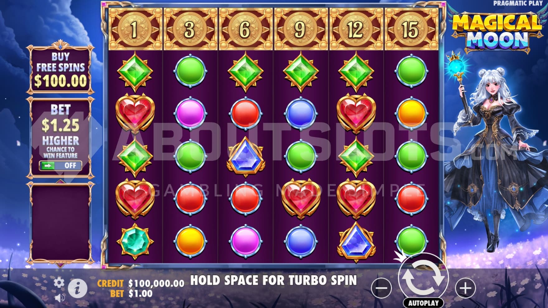 The playing grid in a flower field underneath a full moon with a magical girl flying to the right of the reels