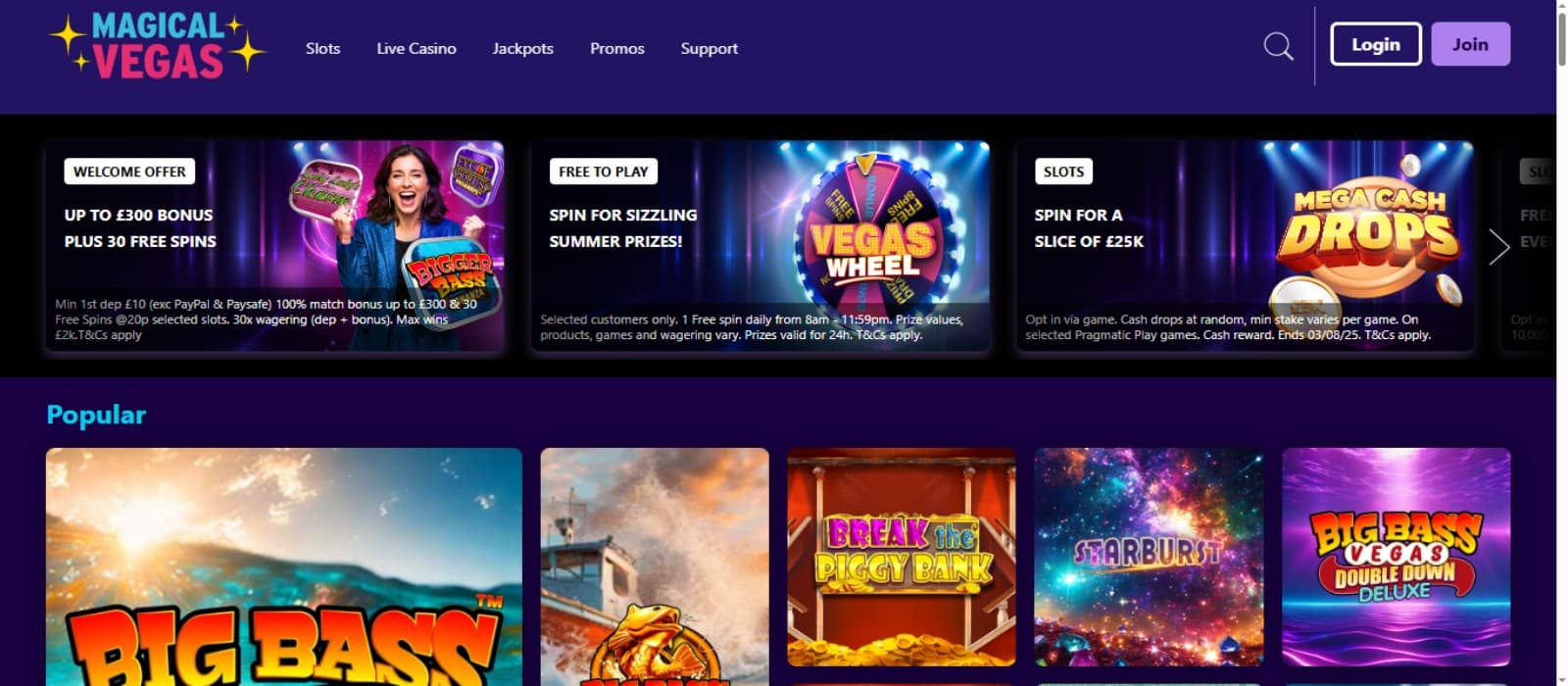 MagicalVegas Casino landing page with the welcome bonus offer banner, slot game icons, and other navigation menus at the top
