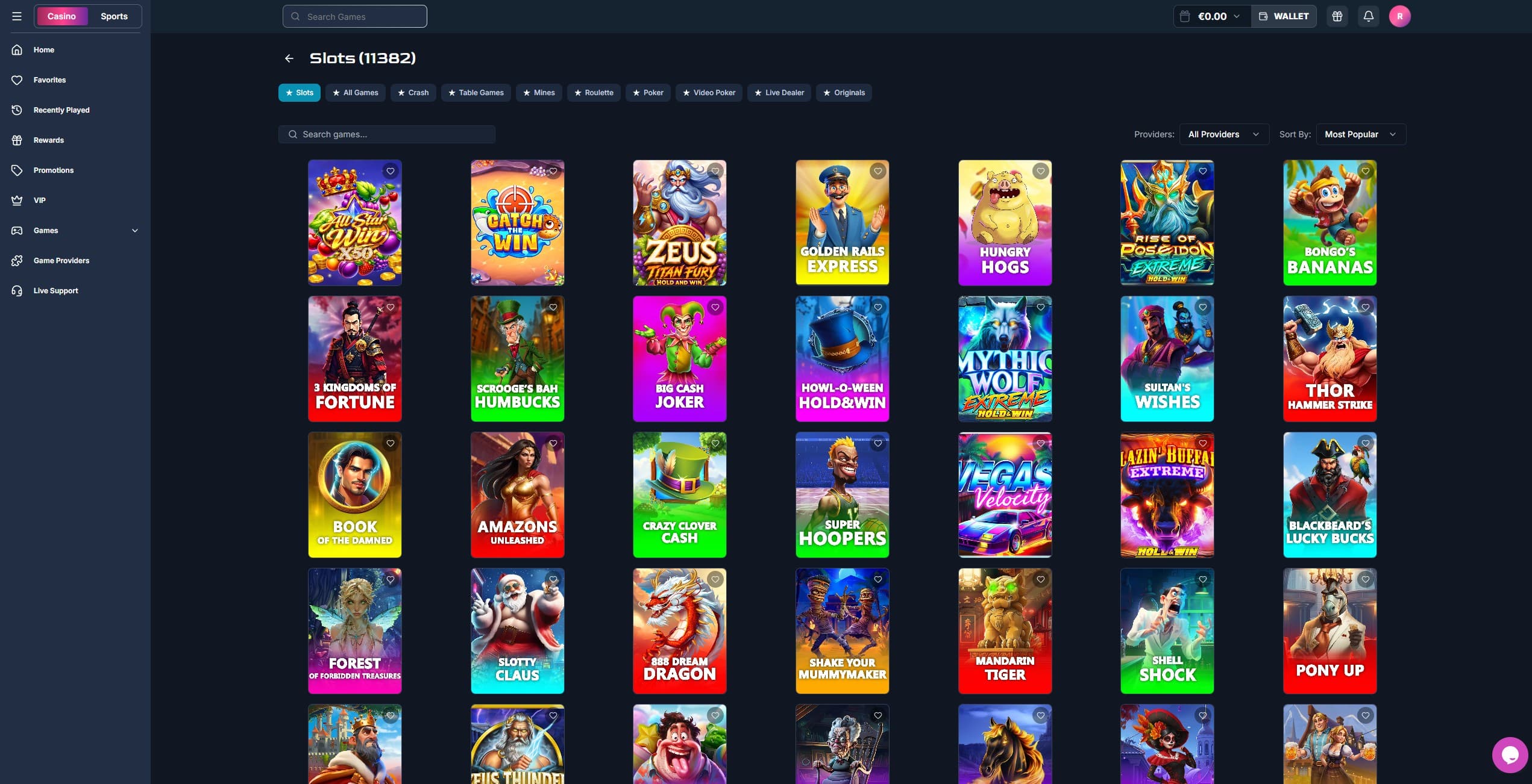 Magician Bet Games Page showing a selection of slot games