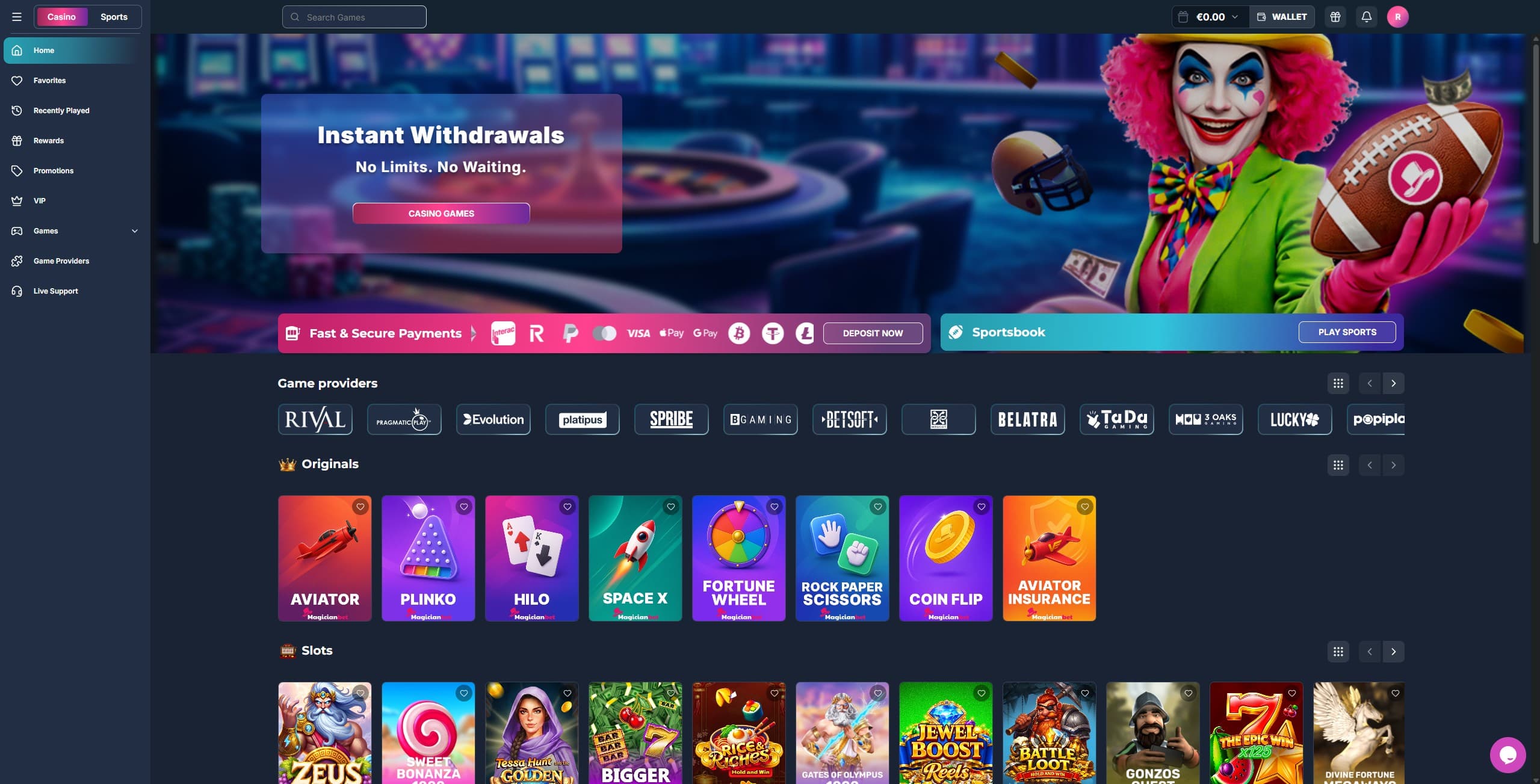 Magician Bet Landing Page showing a selection of games and providers