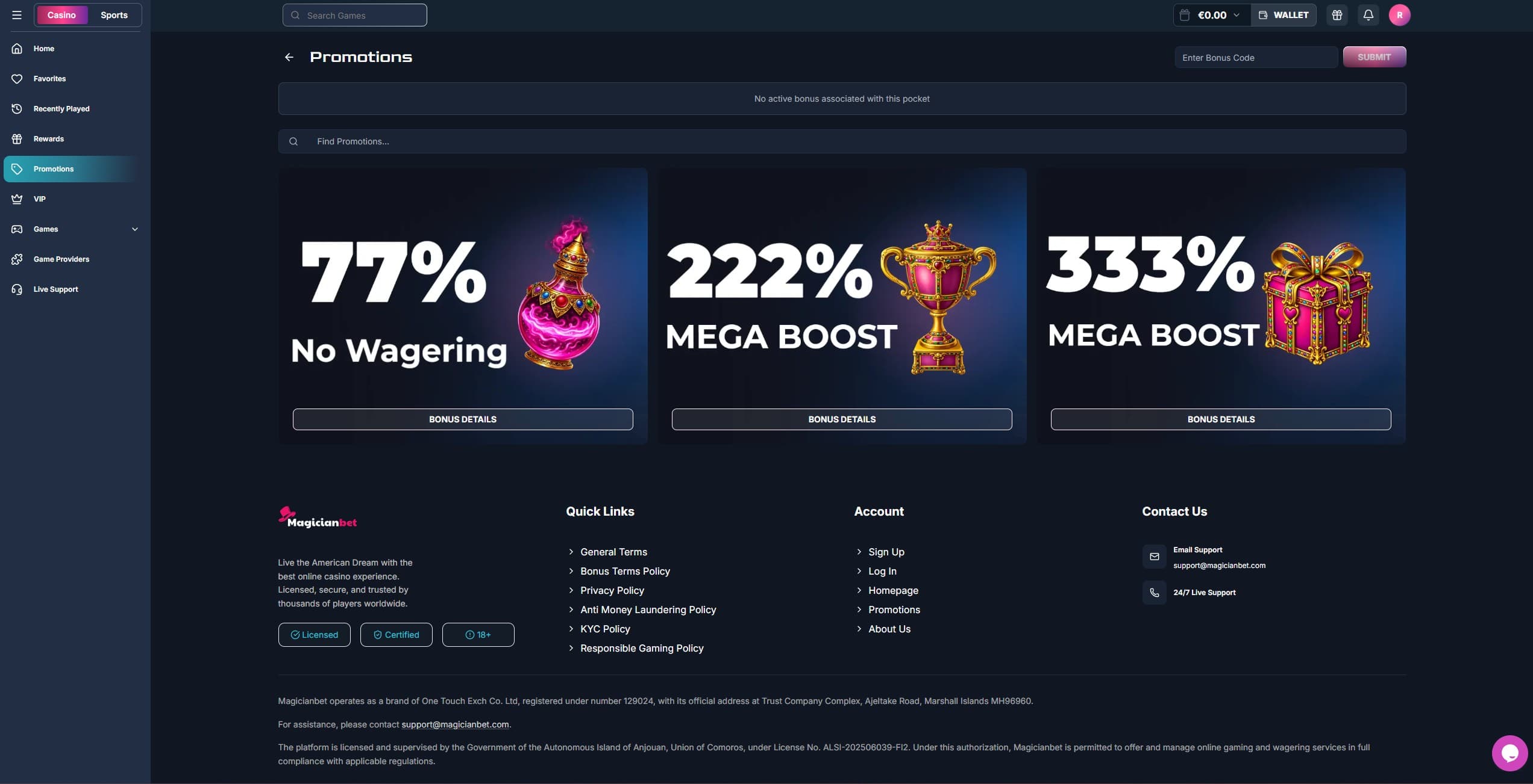 Magician Bet Promotions Page showing the welcome bonus offers
