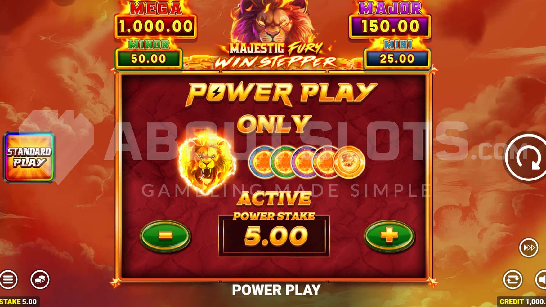 A screen offering the power play feature for 5x the bet.