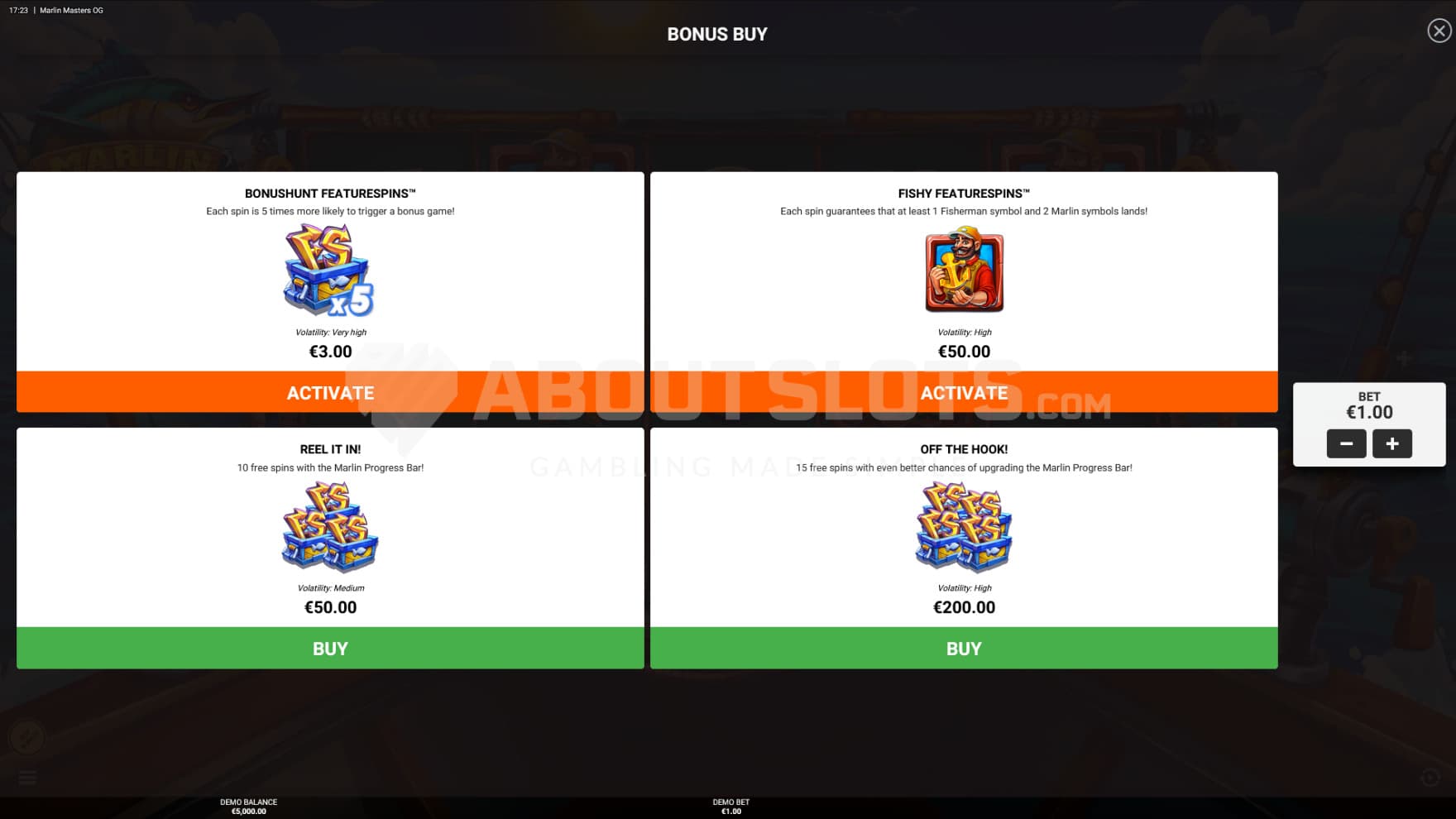 There are 4 types of options in the Feature Buy, allowing you to trigger various bonuses and features