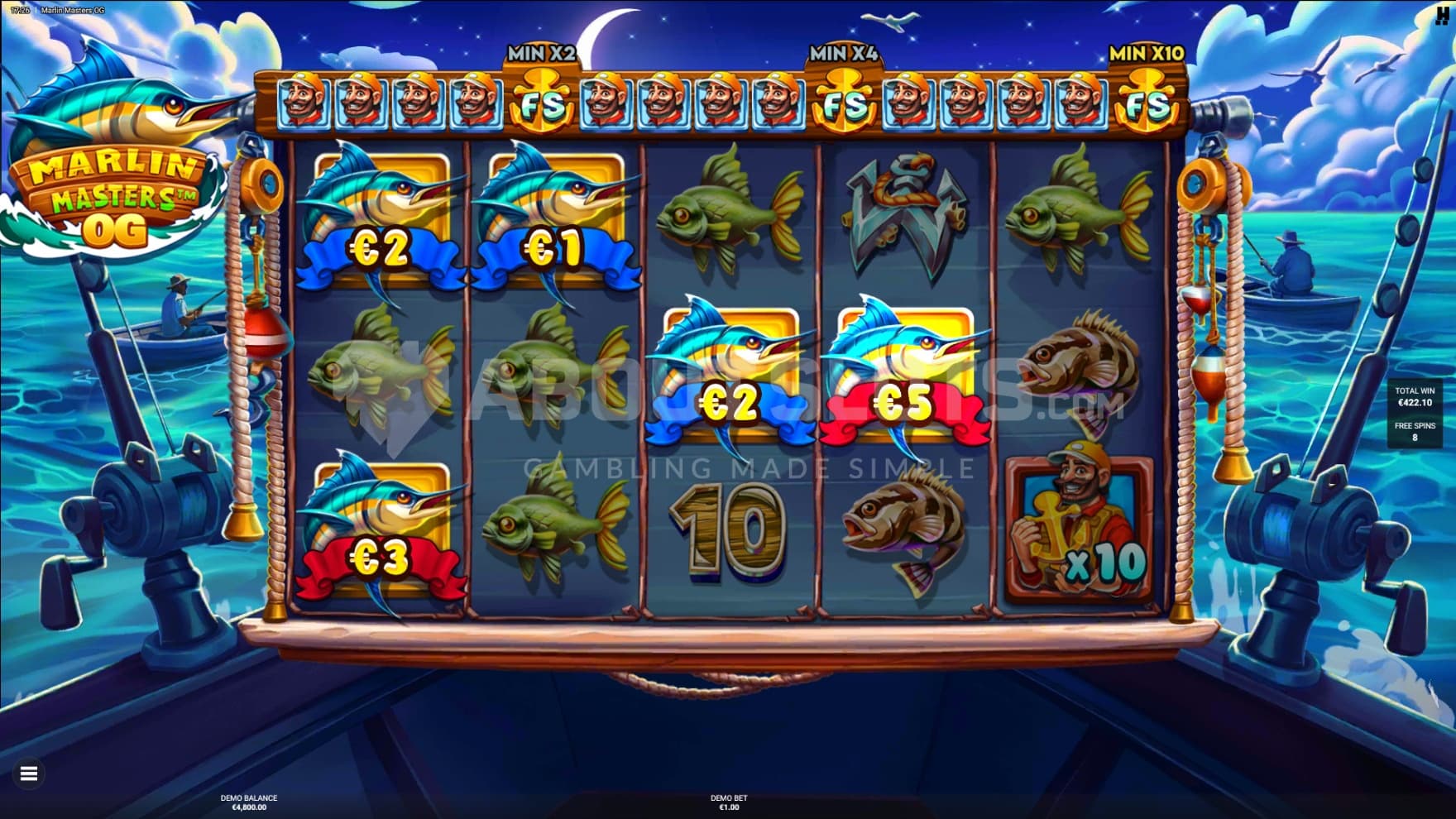 New fishers appear and Fisherman Symbols start showing up with higher Multiplier Symbols thanks to the Progress Bar during the bonus game